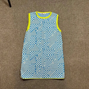 Zara Blue White Checker Print Neon Trim Knit Mod Sleeveless Mini Dress Size M